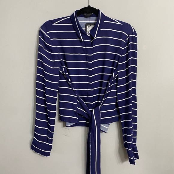 CLUB MONACO NAUTICAL BLUE STRIPE BLOUSE WITH TIE WAIST - Picture 4 of 7